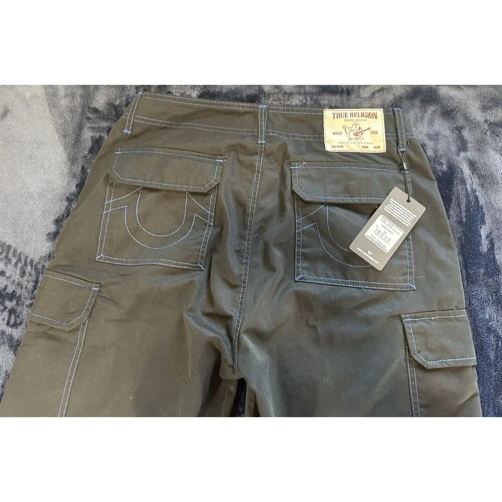 True Religion Cargo Pants Straight Leg Jet Black Blue Stitches Men's 30x33 NWT